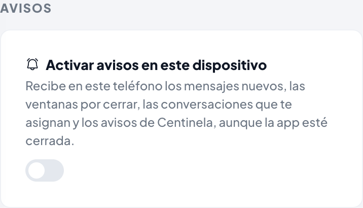 The Avisos section of Mi perfil with the Activar avisos en este dispositivo switch