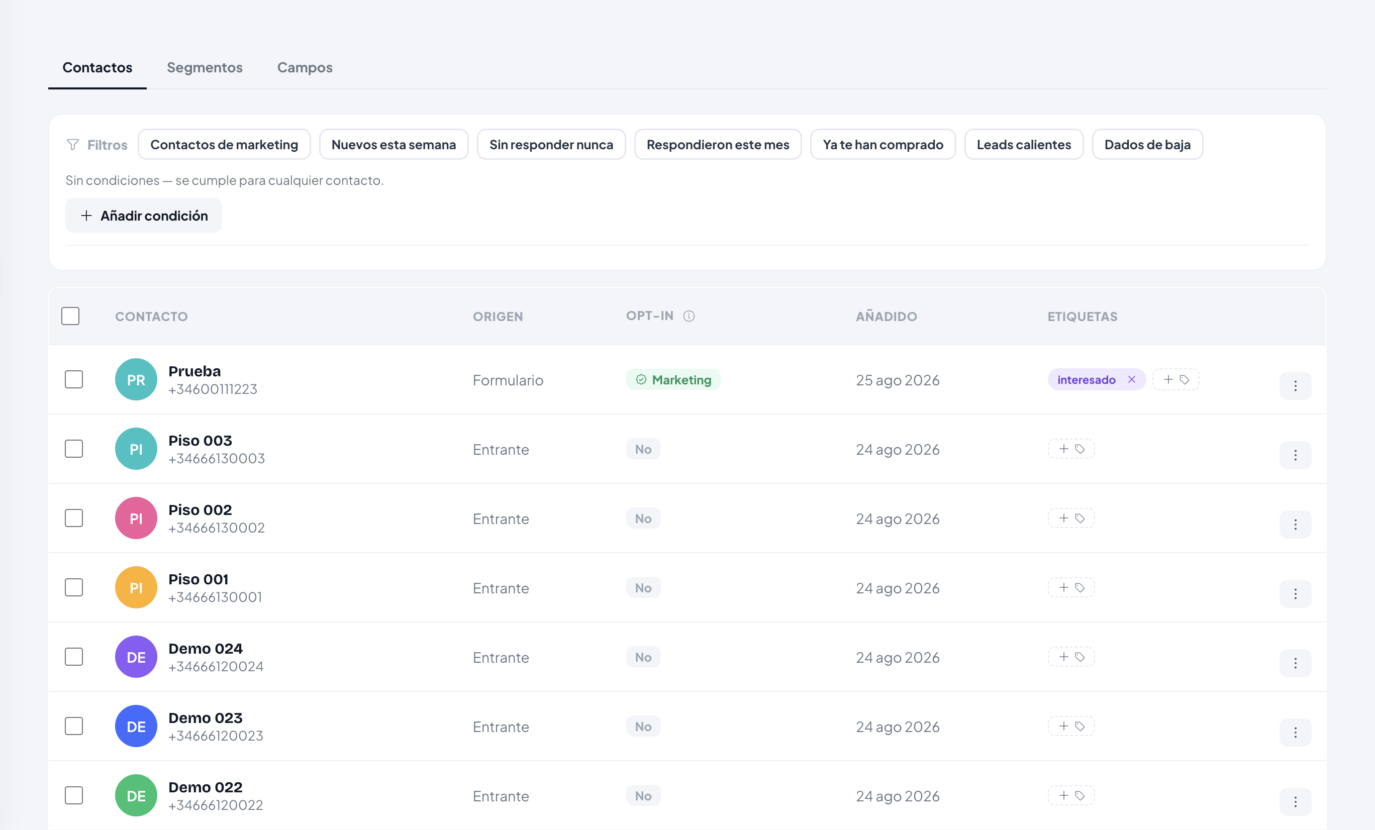 Contacts list with the Opt-in column and its Marketing, No and Baja states