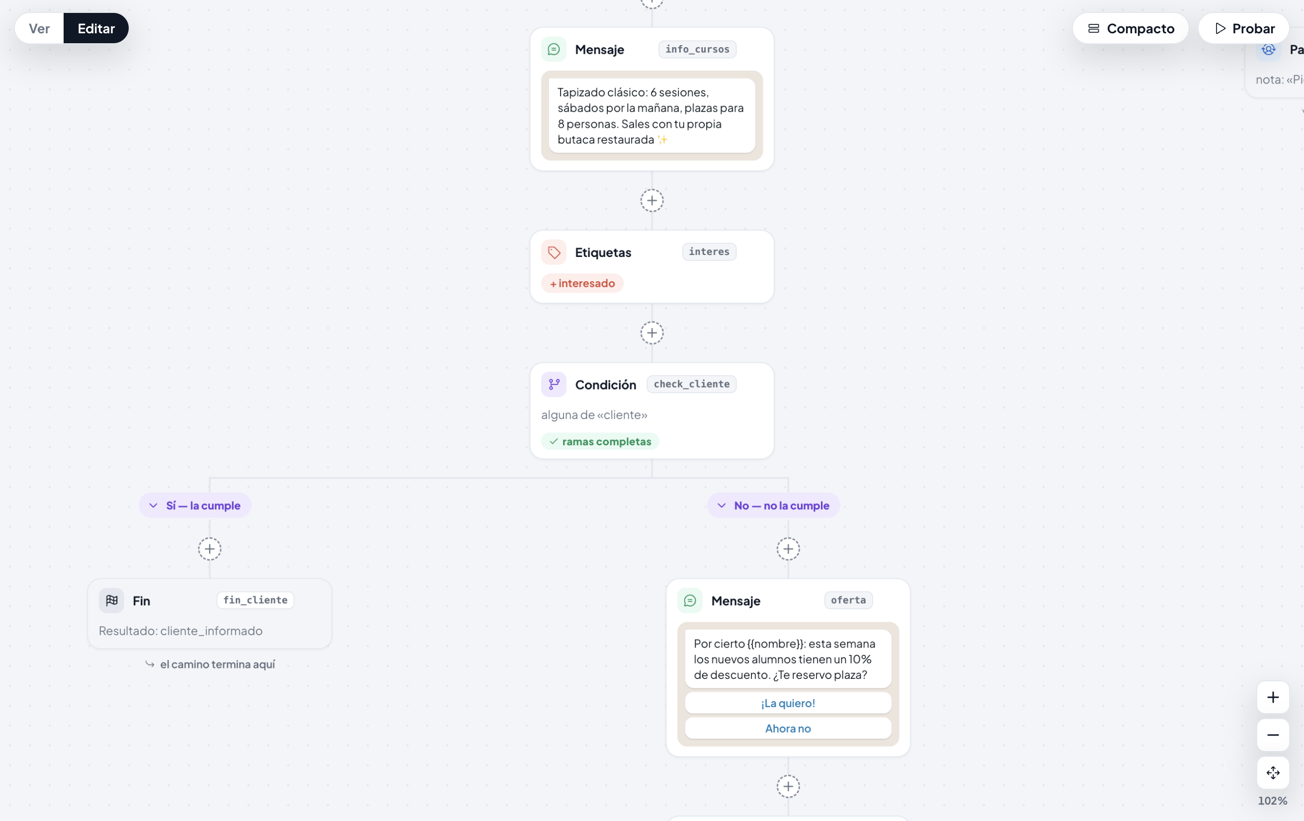 Flow editor canvas with a Condición step and its two branches