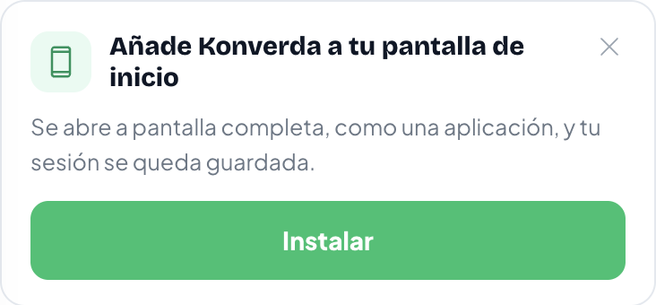 A card at the end of the conversation list titled Añade Konverda a tu pantalla de inicio with an Instalar button