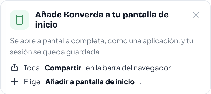 The card at the end of the conversation list on iPhone, showing the two steps: Compartir and Añadir a pantalla de inicio